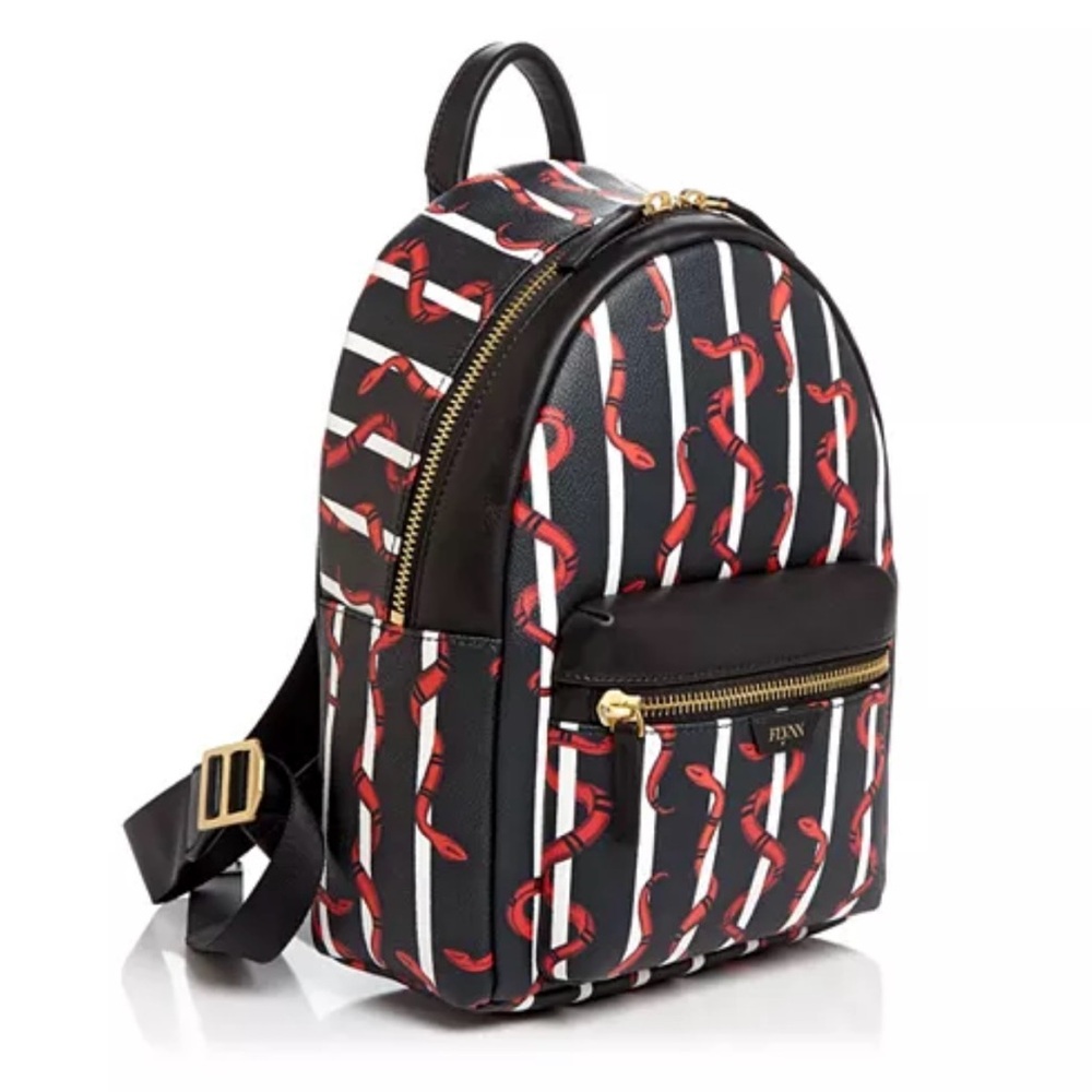 Flynn leather backpack with snake pattern and gold accents